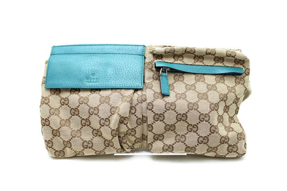 Gucci GG Canvas Calfskin Waist Bag Beige Cream Blue